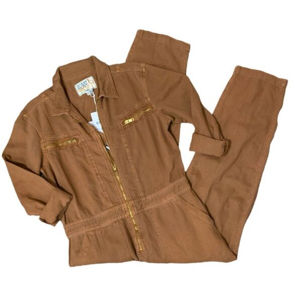 Free People x Sandrine Zip Denim Jumpsuit Boiler Suit Burnt Orange NWT - Picture 4 of 7